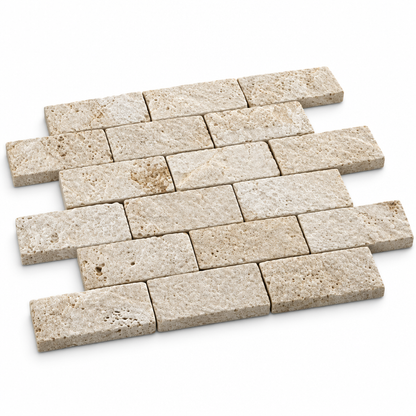 Ivory Travertine Brick Mosaic Tile 2x4, Split Face - 45 degree view showing thickness