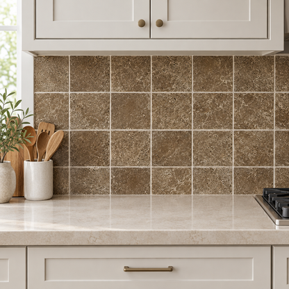 Brown Noce Travertine Tile 6x6, Tumbled - installed on wall