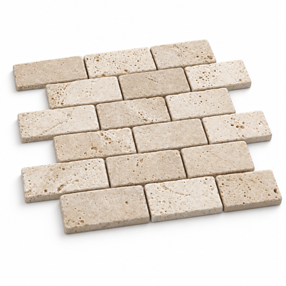 Ivory Travertine Brick Mosaic Tile 2x4, Tumbled - 45 degree view showing thickness