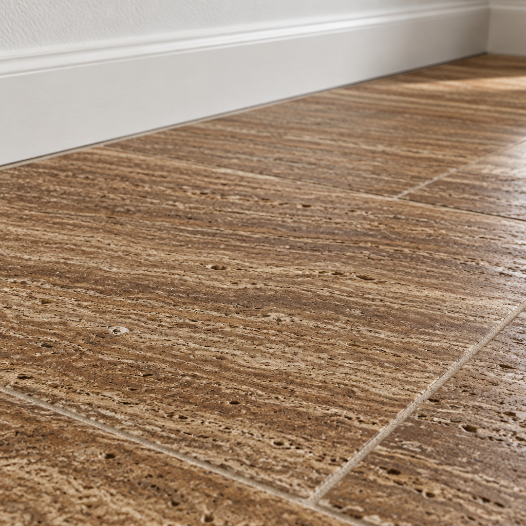 Brown Noce Travertine Tile 12x12, Brushed & Unfilled & Vein-Cut - installed close-up