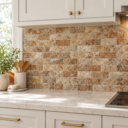 Scabos Travertine Arched Brick Mosaic Tile 2x4, Honed - installed on wall