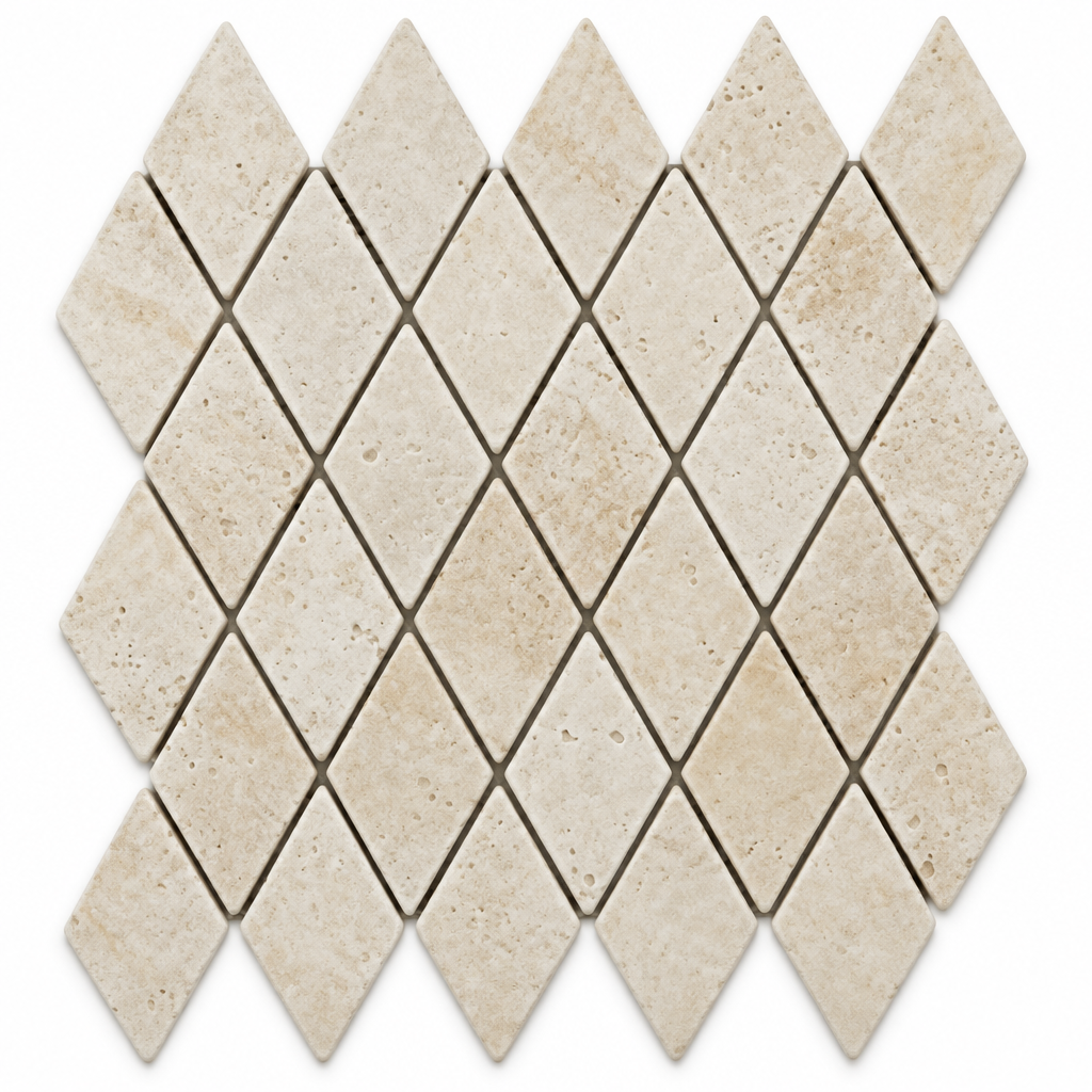 Ivory Travertine Diamond Mosaic Tile 2x4, Tumbled - white background