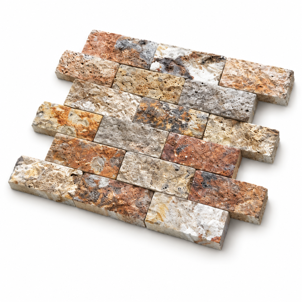 Scabos Travertine Brick Mosaic Tile 2x4, Split Face - 45 degree view showing thickness