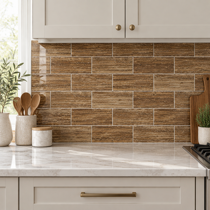 Brown Noce Travertine Tile 3x6, Polished & Vein-Cut - installed on wall