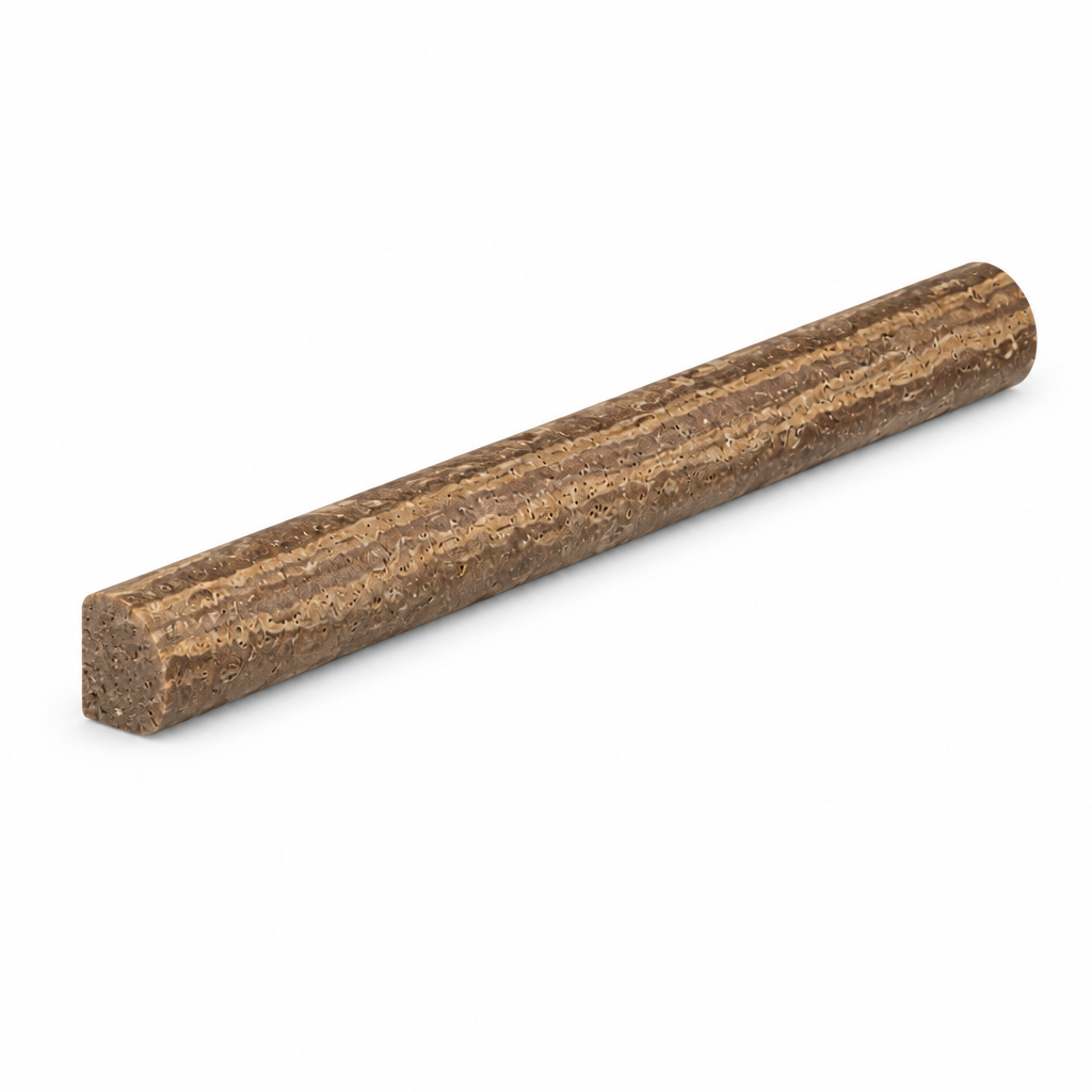 Brown Noce Travertine Pencil Tile Trim 3/4x12, Honed & Vein-Cut - 45 degree view showing thickness