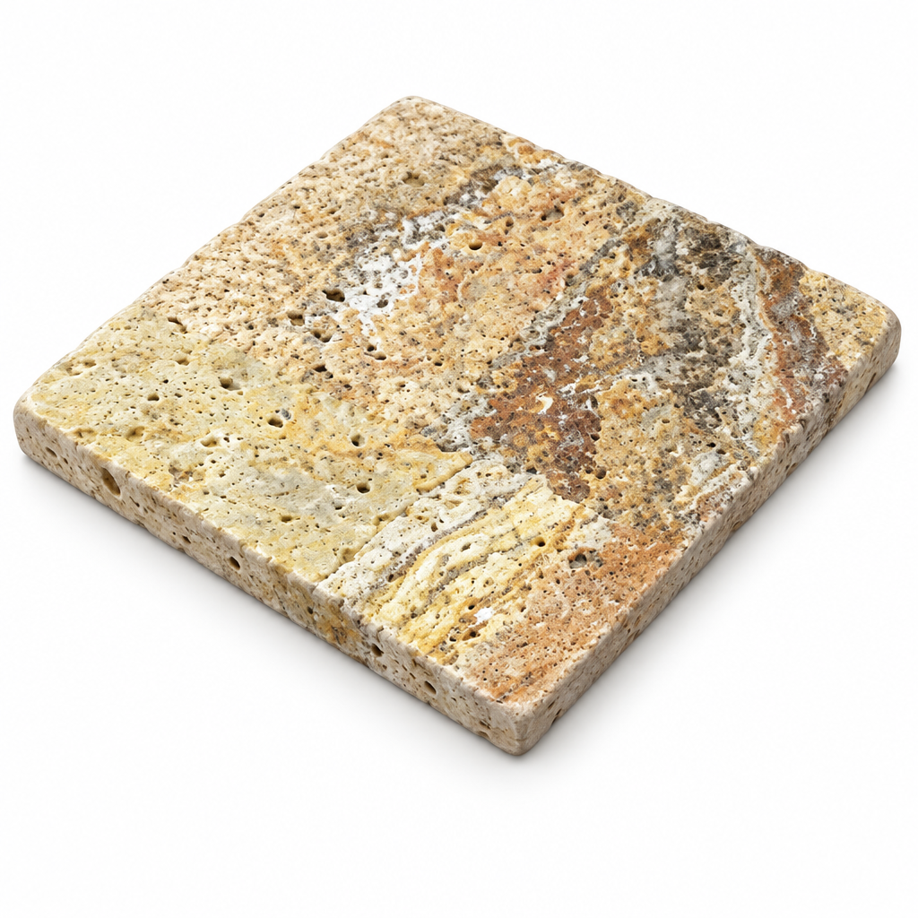 Scabos Travertine Tile 12x12, Tumbled - 45 degree view showing thickness