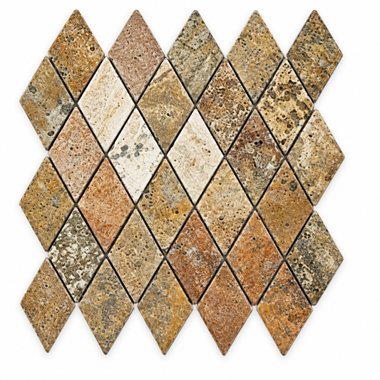 Scabos Travertine Diamond Mosaic Tile 2x4, Tumbled - white background