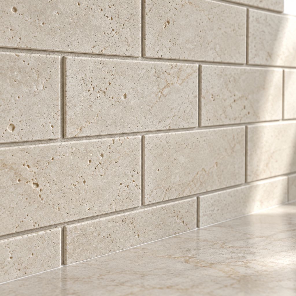 Ivory Travertine Brick Mosaic Tile 2x4, Honed - installed close-up