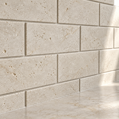 Ivory Travertine Brick Mosaic Tile 2x4, Honed - installed close-up