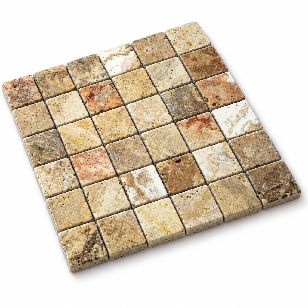 Scabos Travertine Mosaic Tile 2x2, Tumbled - 45 degree view showing thickness