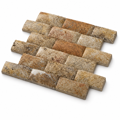 Scabos Travertine Arched Brick Mosaic Tile 2x4, Honed - 45 degree view showing thickness