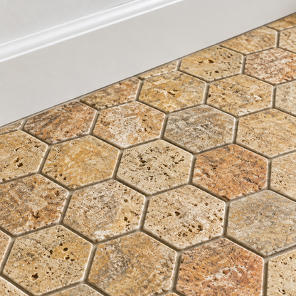 Scabos Travertine Hexagon Mosaic Tile 2 in, Tumbled - installed close-up