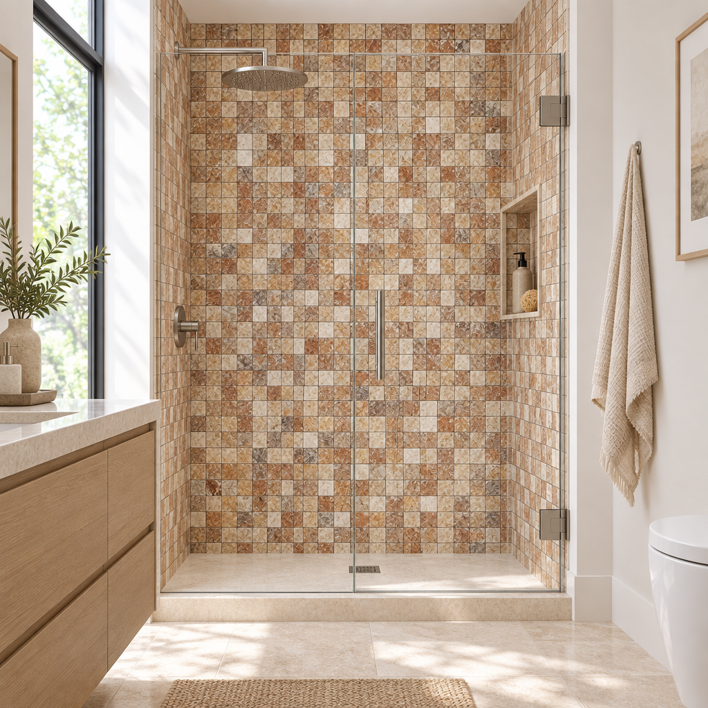 Scabos Travertine Mosaic Tile 1x1, Polished - installed on shower