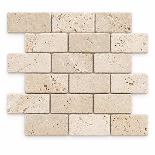 Ivory Travertine Brick Mosaic Tile 2x4, Tumbled - white background