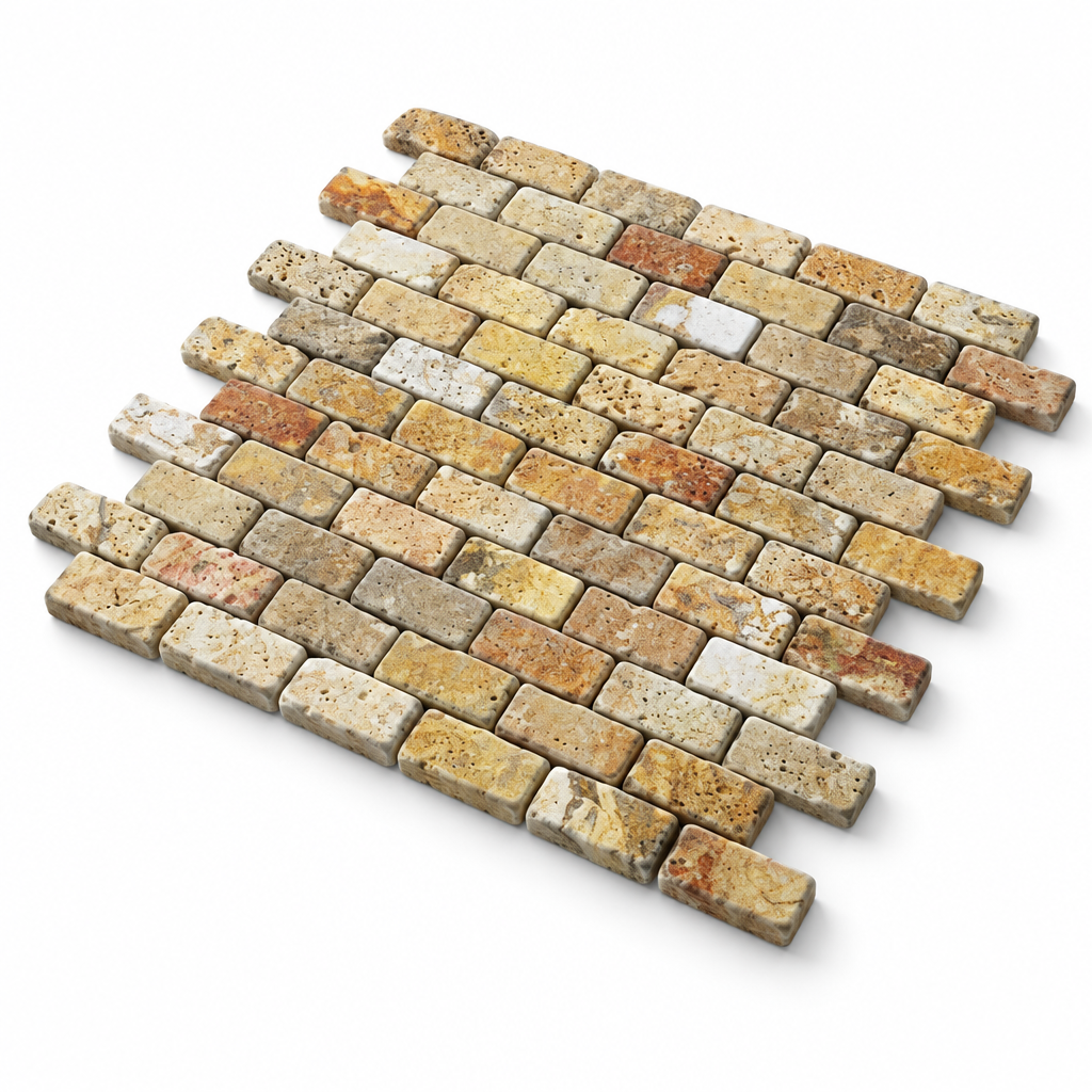 Scabos Travertine Brick Mosaic Tile 1x2, Tumbled - 45 degree view showing thickness