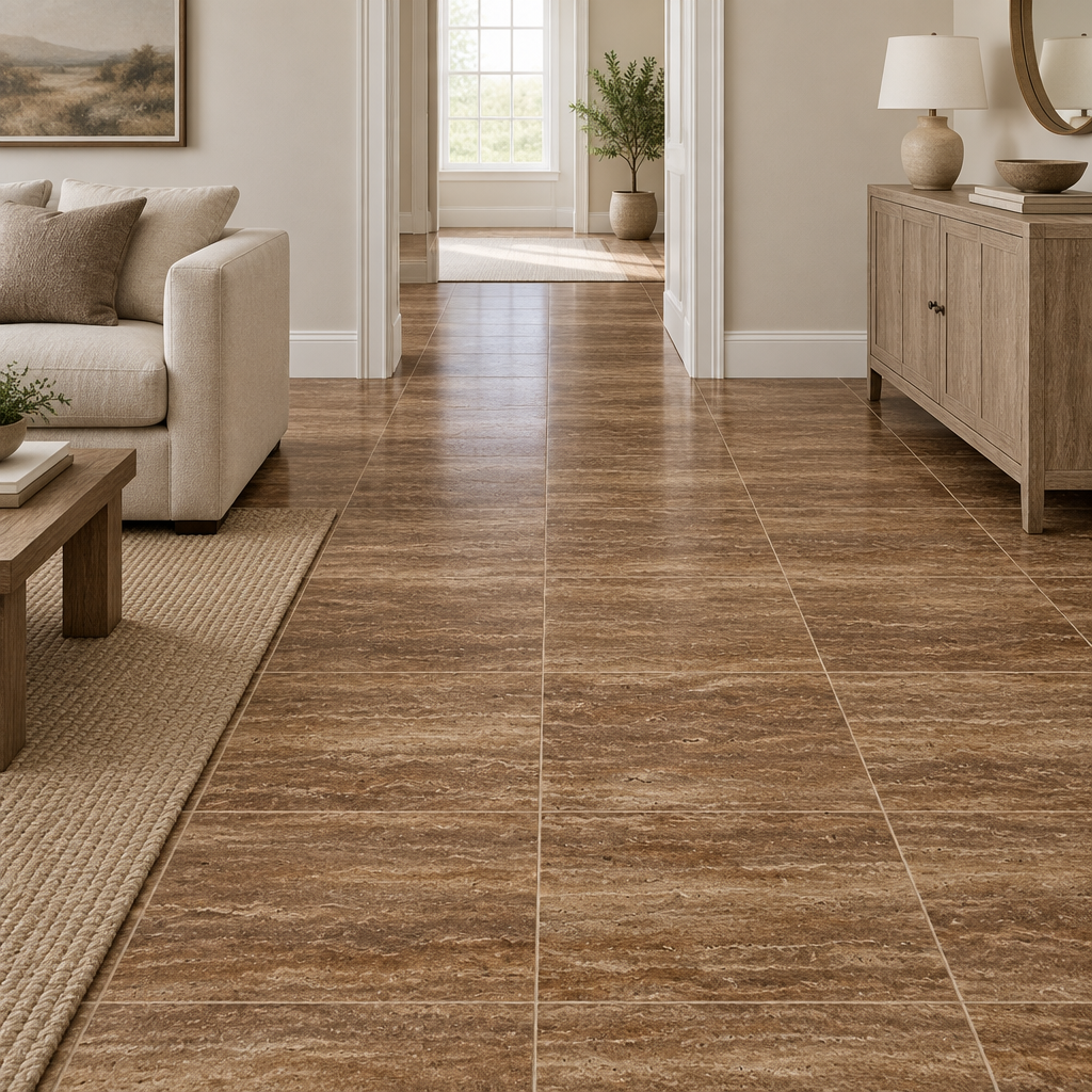 Brown Noce Travertine Tile 18x18, Brushed & Unfilled & Vein-Cut - installed on floor