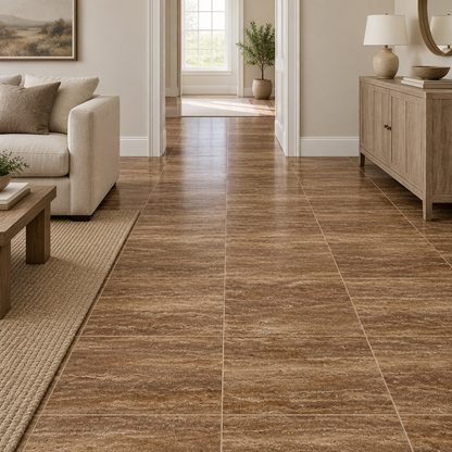Brown Noce Travertine Tile 18x18, Brushed & Unfilled & Vein-Cut - installed on floor