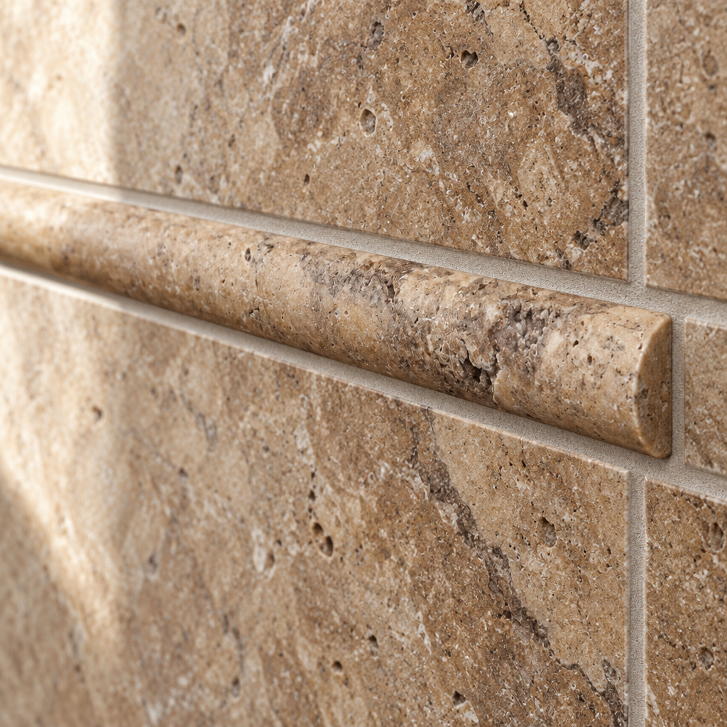 Walnut Travertine Pencil Tile Trim 3/4x12, Honed - installed close-up