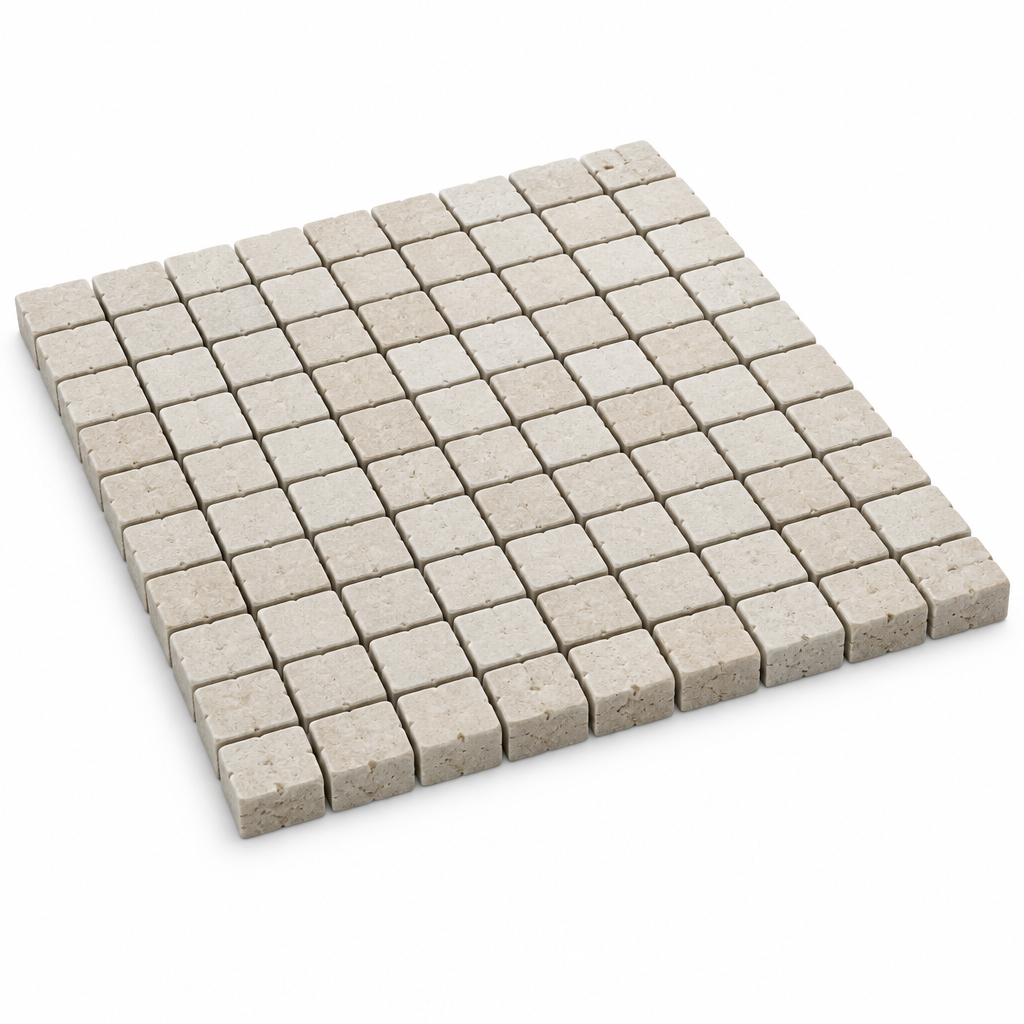 Ivory Travertine Mosaic Tile 1x1, Tumbled - 45 degree view showing thickness