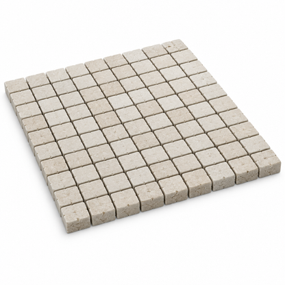 Ivory Travertine Mosaic Tile 1x1, Tumbled - 45 degree view showing thickness