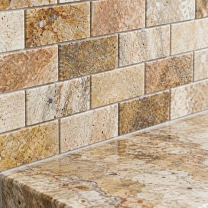 Scabos Travertine Brick Mosaic Tile 2x4, Honed - installed close-up