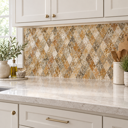 Scabos Travertine Diamond Mosaic Tile 2x4, Tumbled - installed on wall