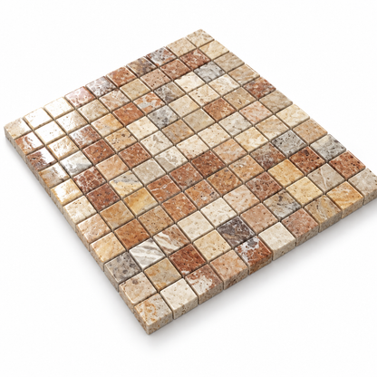 Scabos Travertine Mosaic Tile 1x1, Polished - 45 degree view showing thickness