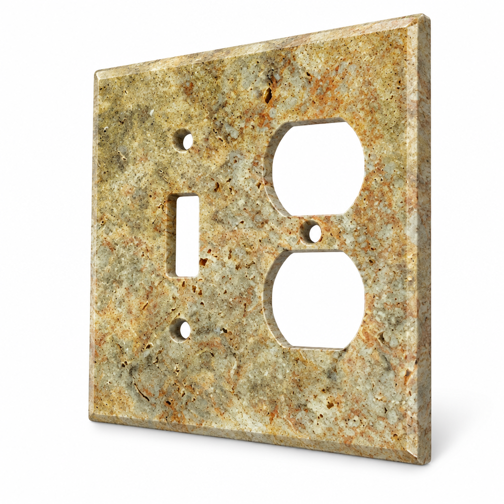 Scabos Travertine Combination Switch Plate - 45 degree view showing thickness