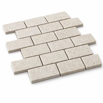 Ivory Travertine Brick Mosaic Tile 2x4, Honed - 45 degree view showing thickness