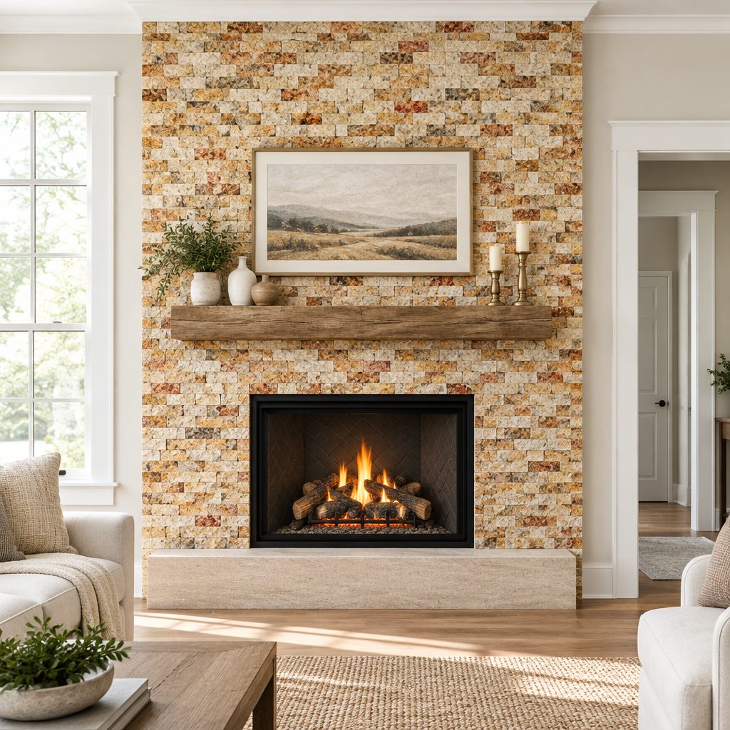 Scabos Travertine Brick Mosaic Tile 1x2, Split Face - installed on wall