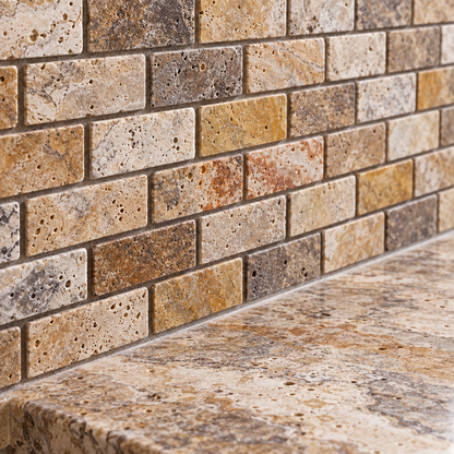 Scabos Travertine Brick Mosaic Tile 1x2, Honed & Unfilled - installed close-up
