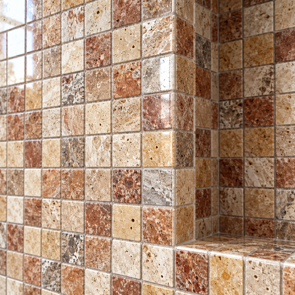 Scabos Travertine Mosaic Tile 1x1, Polished - installed close-up