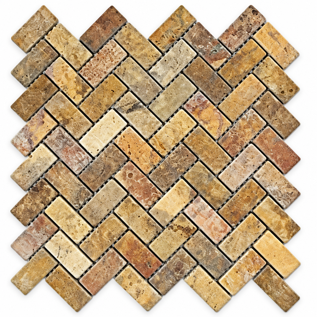 Scabos Travertine Herringbone Mosaic Tile 1x2, Tumbled - white background