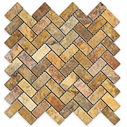 Scabos Travertine Herringbone Mosaic Tile 1x2, Tumbled - white background