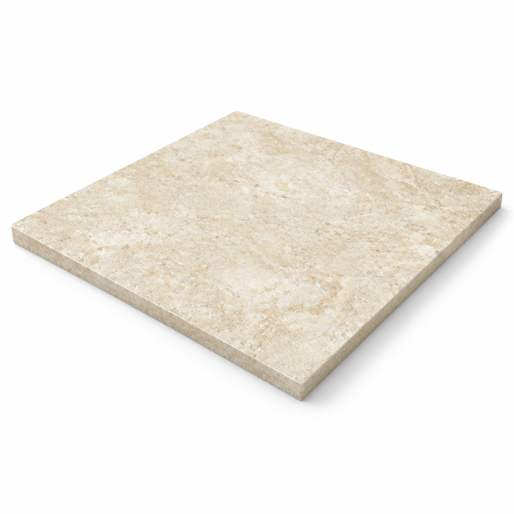 Beige Durango Travertine Tile 6x6, Filled & Honed - 45 degree view showing thickness