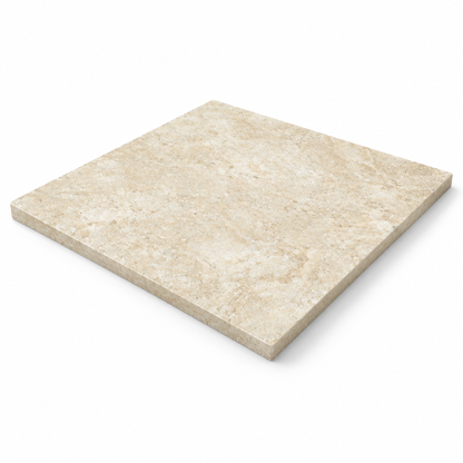 Beige Durango Travertine Tile 6x6, Filled & Honed - 45 degree view showing thickness