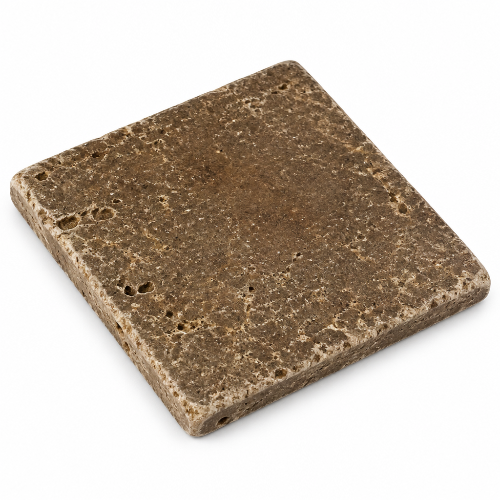 Brown Noce Travertine Tile 6x6, Tumbled - 45 degree view showing thickness
