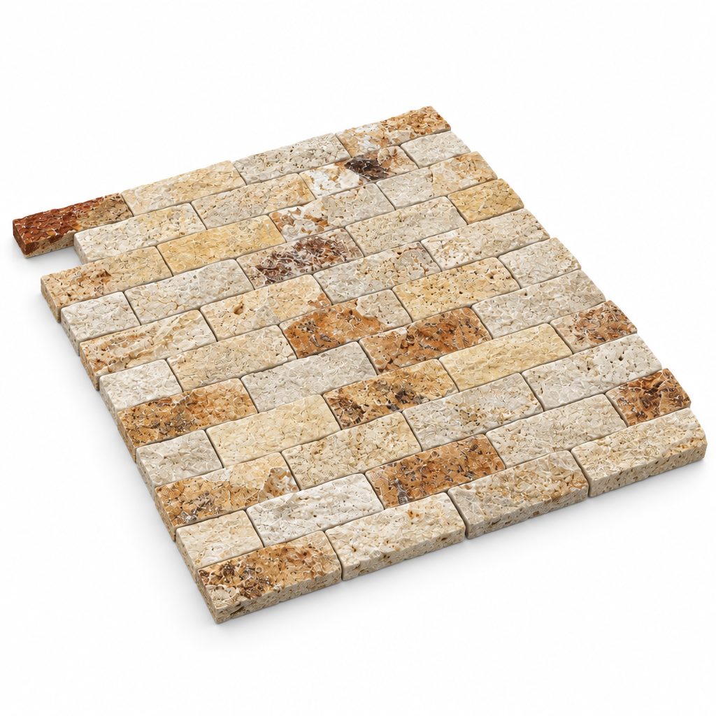 Cream Valencia Travertine Brick Mosaic Tile 1x2, Split Face - 45 degree view showing thickness