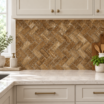 Brown Noce Travertine Herringbone Mosaic Tile 1x2, Brushed & Unfilled & Vein-Cut - installed on wall