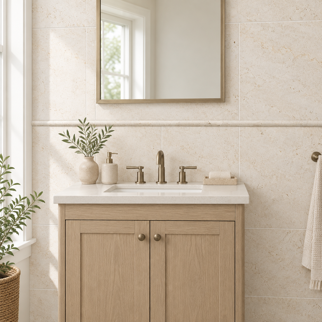 Ivory Travertine Pencil Tile Trim 1/2x12, Honed - installed on wall