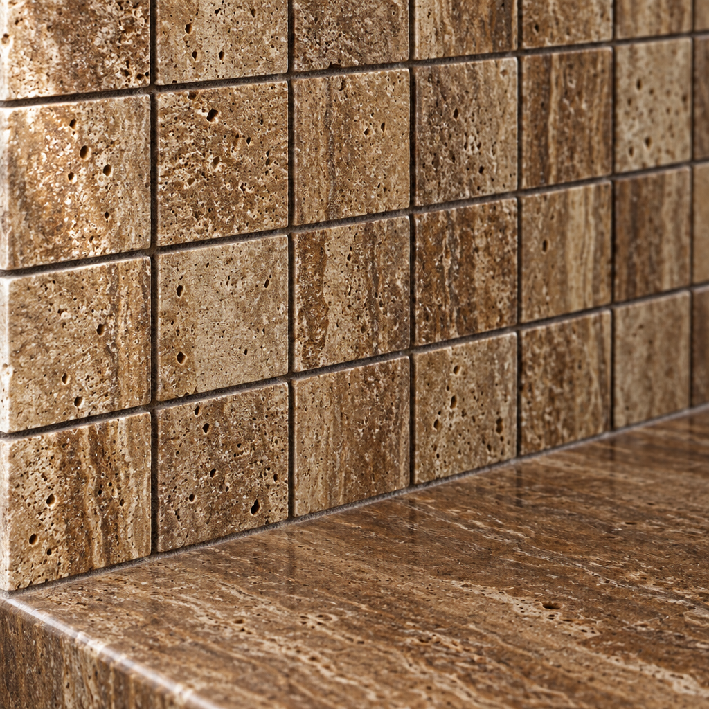 Brown Noce Travertine Mosaic Tile 2x2, Brushed & Unfilled & Vein-Cut - installed close-up