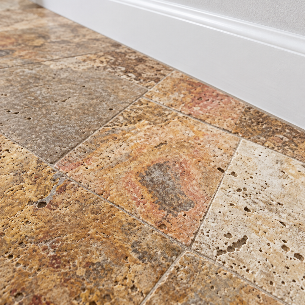 Scabos Travertine Tile 18x18, Tumbled - installed close-up