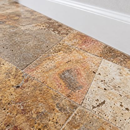 Scabos Travertine Tile 18x18, Tumbled - installed close-up