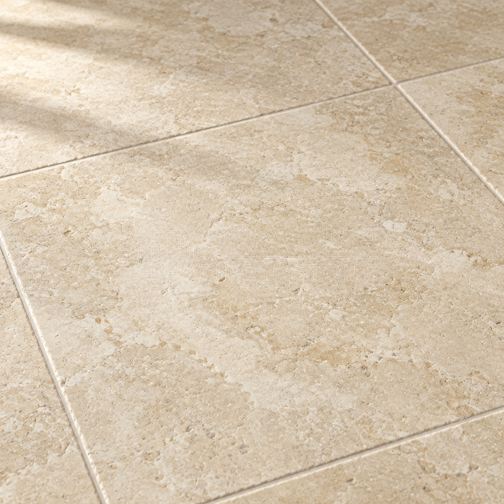 Beige Durango Travertine Tile 6x6, Filled & Honed - installed close-up