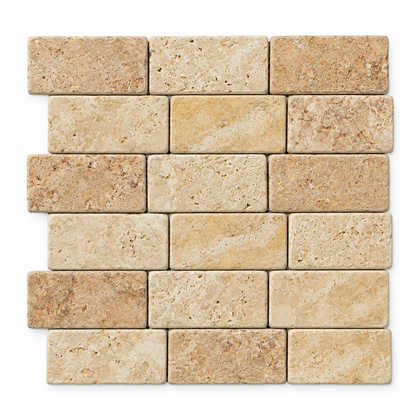 Cream Valencia Travertine Brick Mosaic Tile 2x4, Tumbled - white background