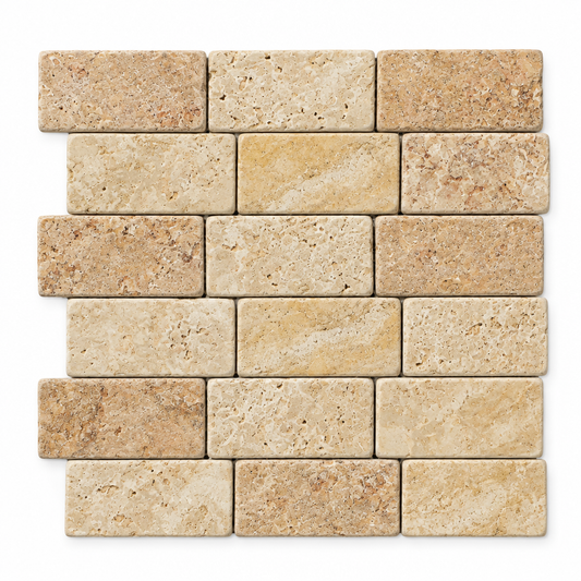 Cream Valencia Travertine Brick Mosaic Tile 2x4, Tumbled - white background