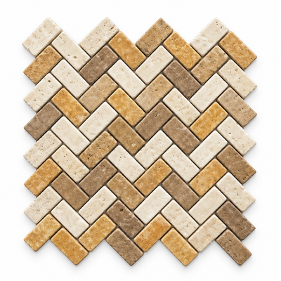 Mixed (Ivory + Noce + Gold) Travertine Herringbone Mosaic Tile 1x2, Tumbled