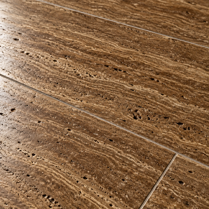 Brown Noce Vein-Cut Travertine Tile 12x24, Brushed & Unfilled - installed close-up