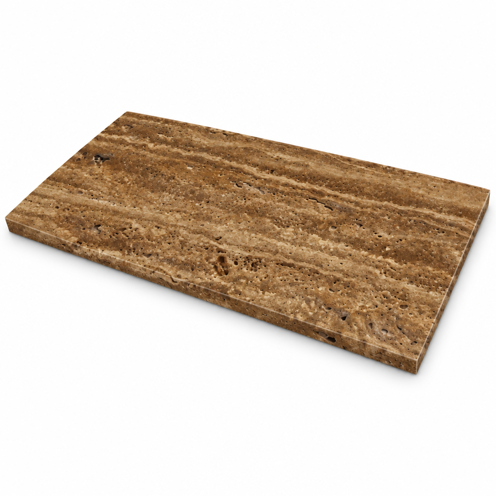 Brown Noce Vein-Cut Travertine Tile 12x24, Brushed & Unfilled - 45 degree view showing thickness