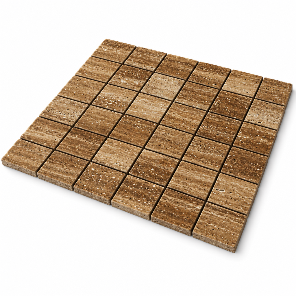 Brown Noce Travertine Mosaic Tile 2x2, Polished & Vein-Cut - 45 degree view showing thickness